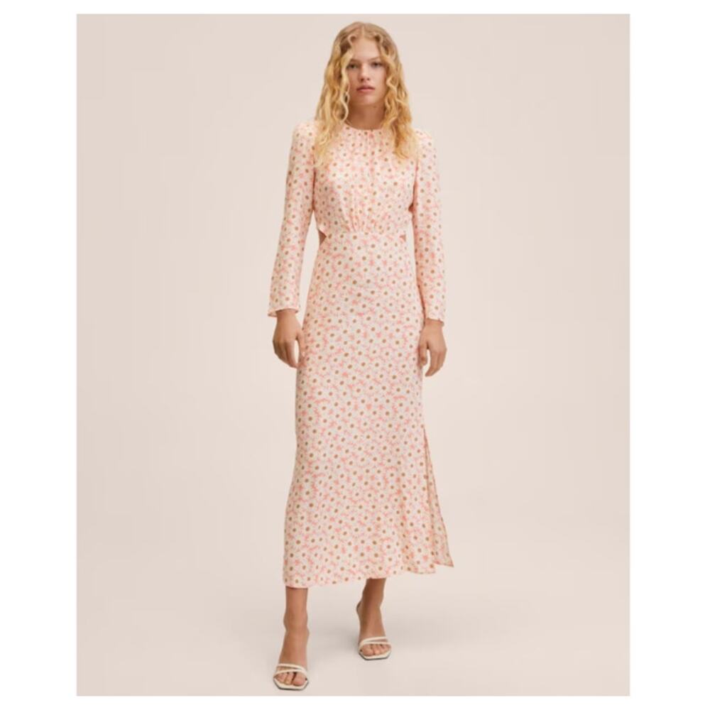 MNG Midi Dress Cut Out Daisy Floral Print Long Sleeve Pink White Womens Size XXL